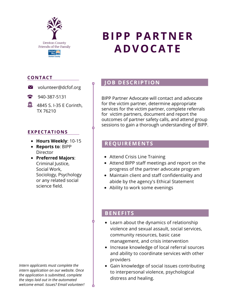 BIPP Advocate Intern Description - Denton County Friends of the Family